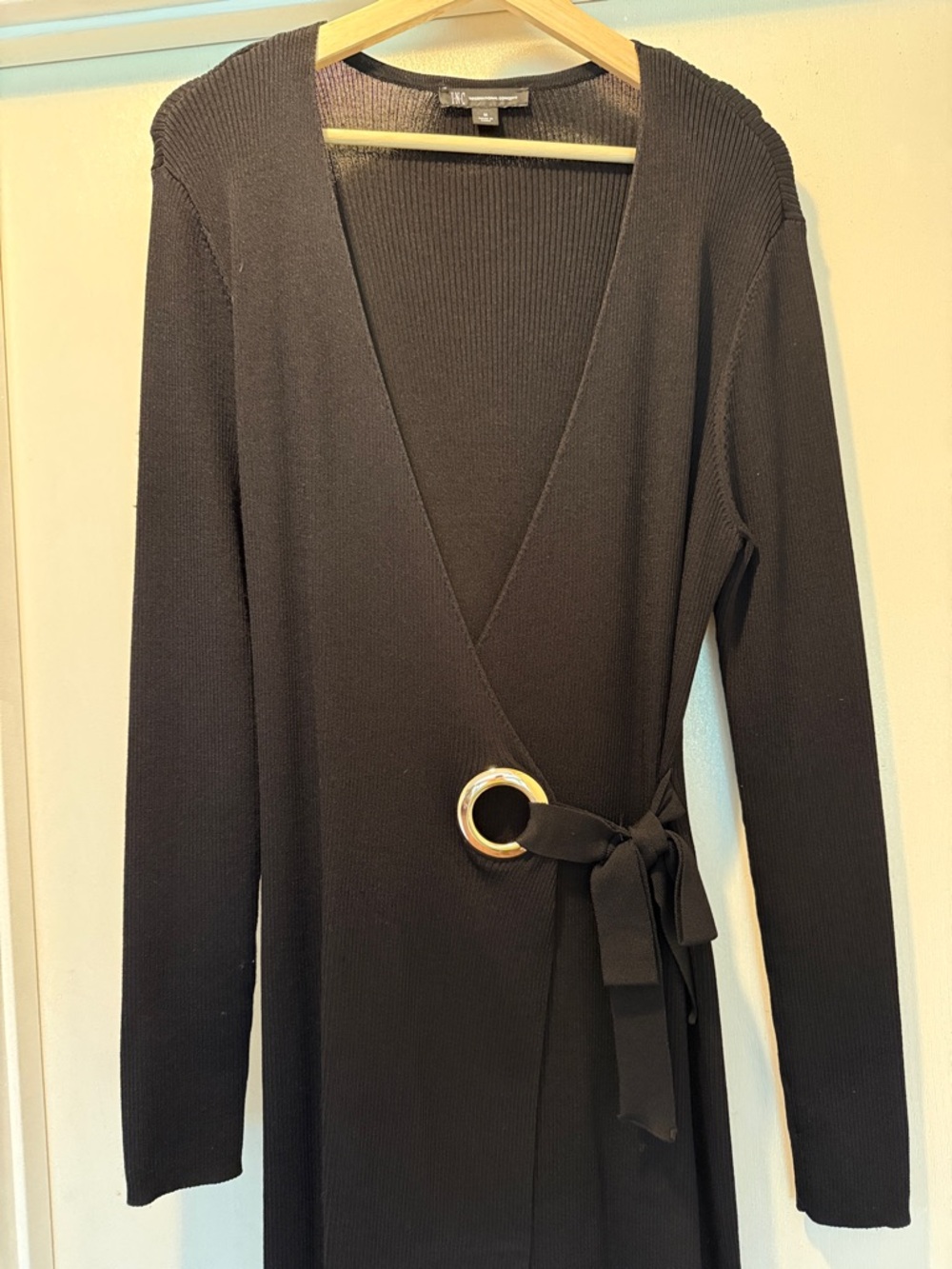 INC International Concepts Black Long Sleeve Wrap Dress with Gold Buckle